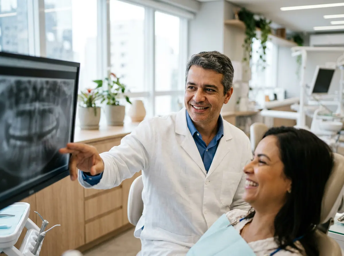 Dentista mostrando a panorâmica à paciente no monitor