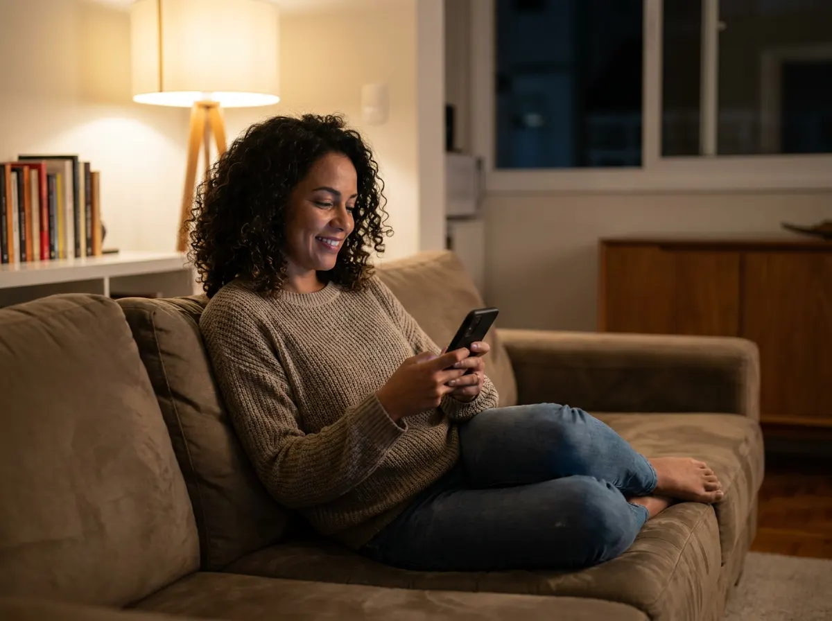 Mãe no sofá à noite usando o celular